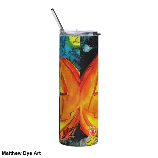 Tall tumbler featuring colorful butterfly design and Jack-o’-Lantern stainless steel art