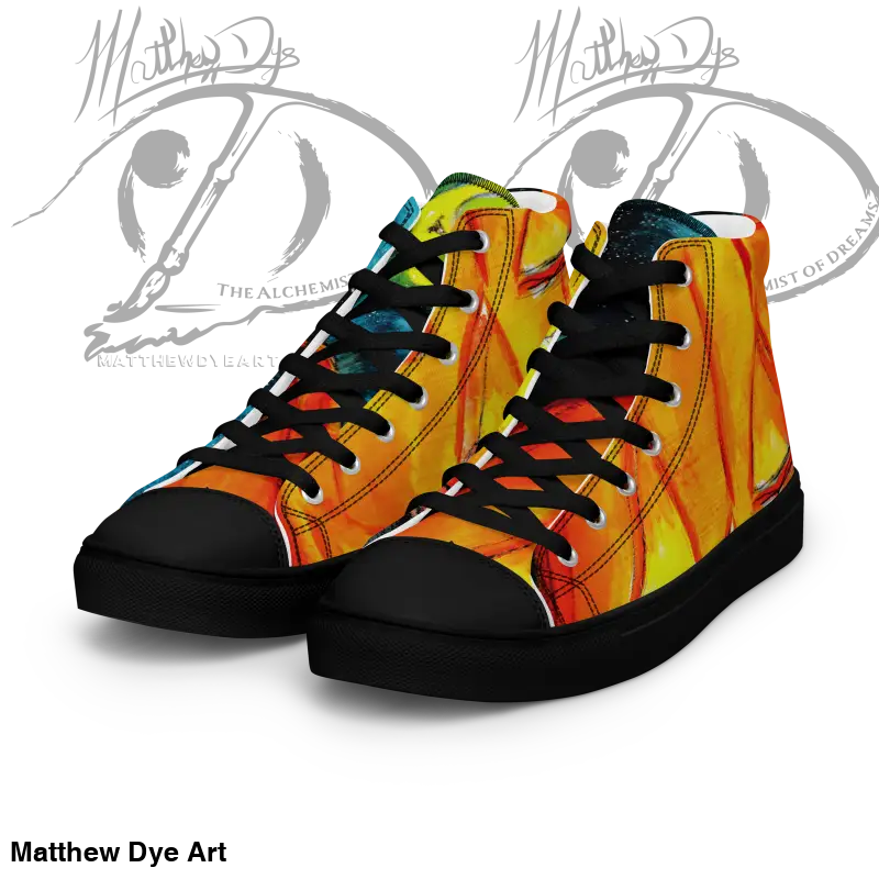 Playful Jack-o’-Lantern high top canvas shoes with vibrant orange and yellow patterns