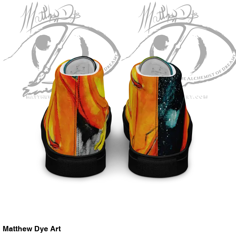 Pair of playful jack-o’-lantern women’s high top canvas shoes with abstract designs