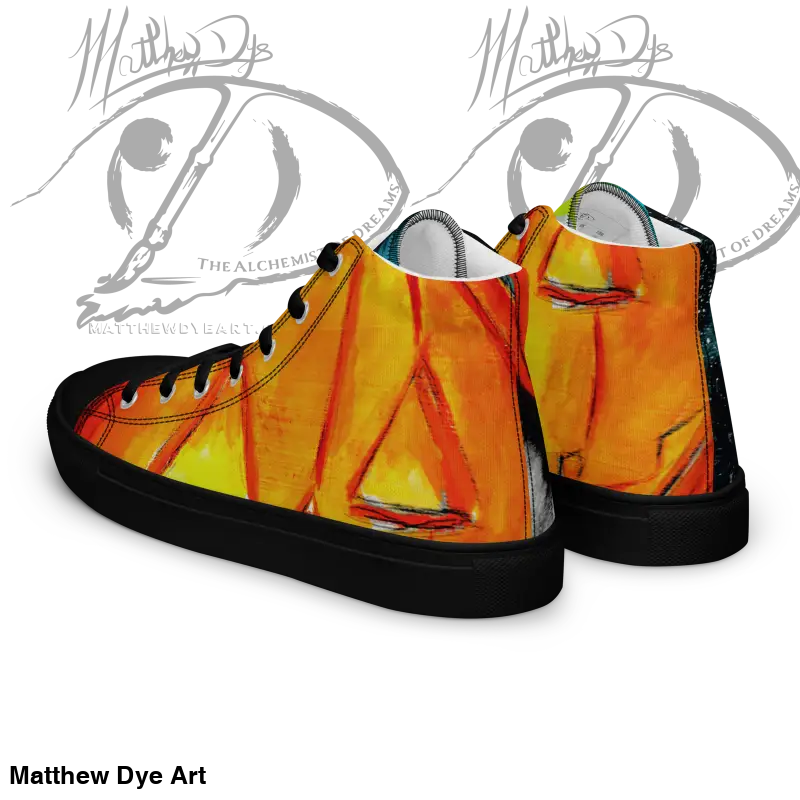 Playful jack-o’-lantern high-top canvas shoes with orange and yellow abstract design