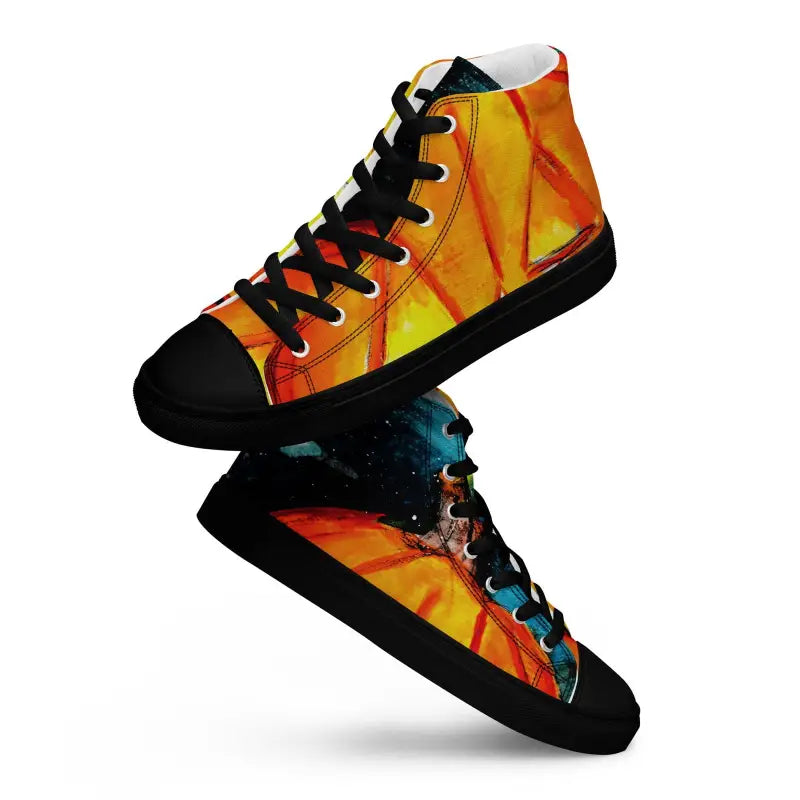 High-top sneakers with a vibrant orange and black cosmic design for Halloween canvas art shoes