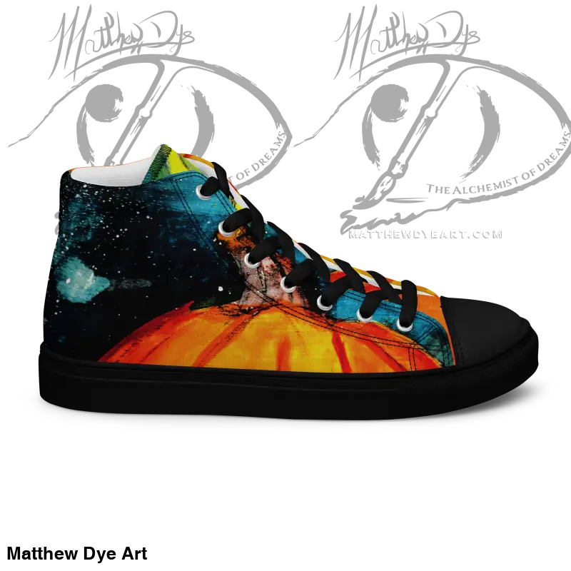 Playful jack-o’-lantern design on women’s high top canvas shoes with cosmic sunset colors