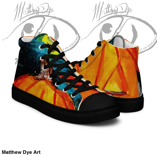 High-top sneakers with cosmic orange and turquoise design for playful jack-o’-lantern style