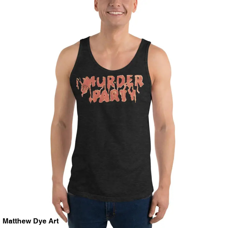Black tank top featuring bold Murder Party text for men’s slasher art fashion