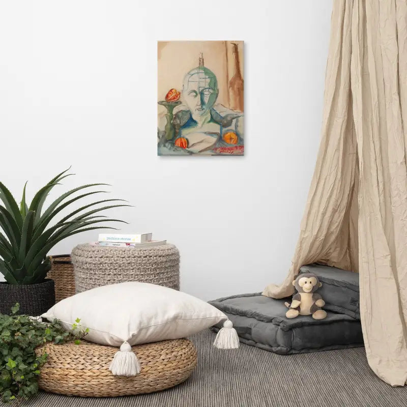 Cozy floor seating area featuring woven poufs and a Phrenology canvas print by a visionary artist
