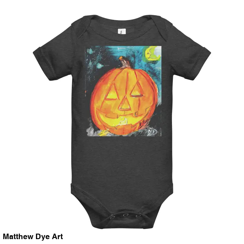 Dark gray baby onesie in combed ring-spun cotton featuring an adorable jack-o’-lantern graphic