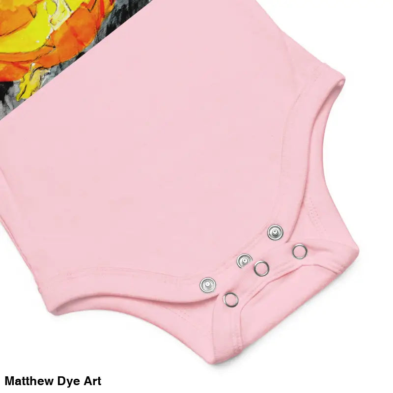 Pink baby bodysuit with snaps featuring an adorable jack-o-lantern design in cotton