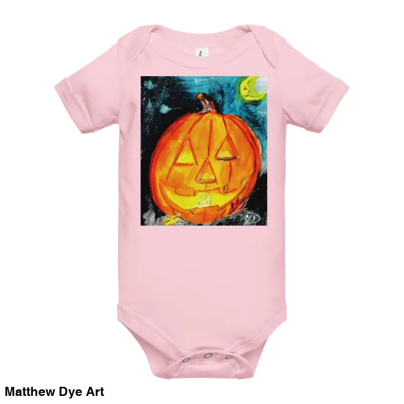 Pink baby’s first Halloween onesie featuring an adorable jack-o’-lantern graphic