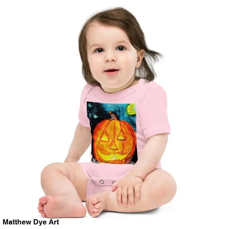 Baby in adorable jack-o’-lantern onesie made of combed ring-spun cotton for Halloween