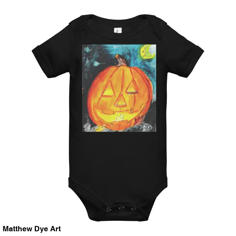 Black baby onesie in combed ring-spun cotton featuring an adorable jack-o’-lantern graphic