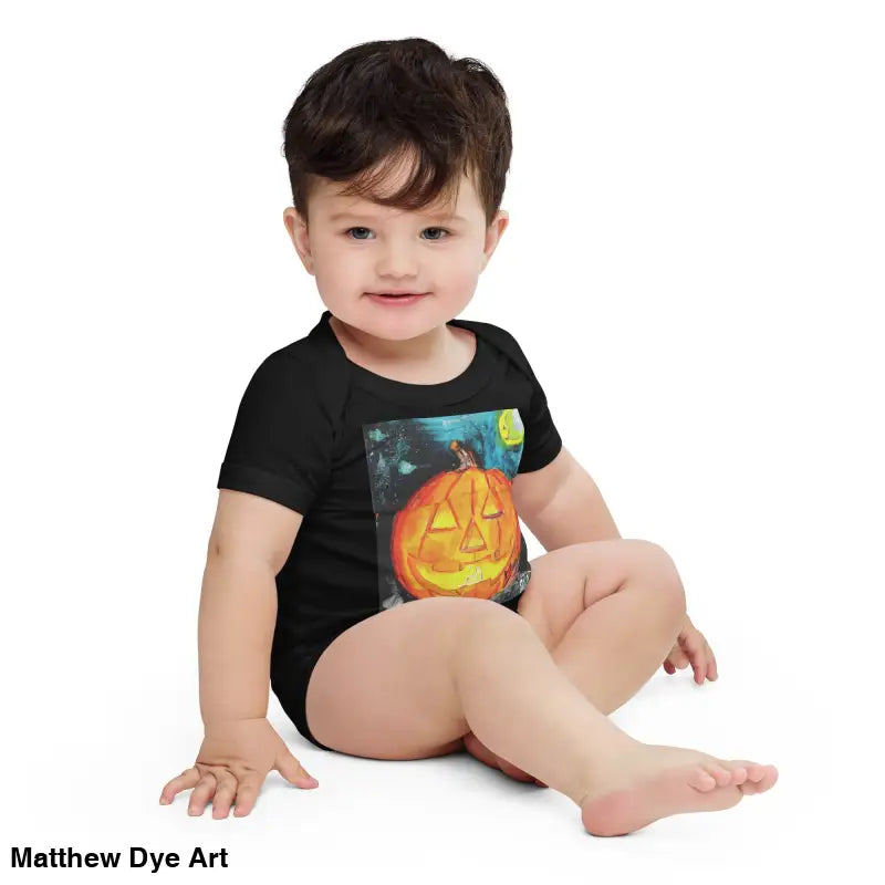 Adorable jack-o’-lantern Halloween-themed bodysuit for baby’s first Halloween