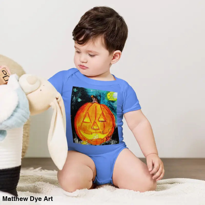 Baby’s blue pumpkin-themed bodysuit made of combed ring-spun cotton for Halloween