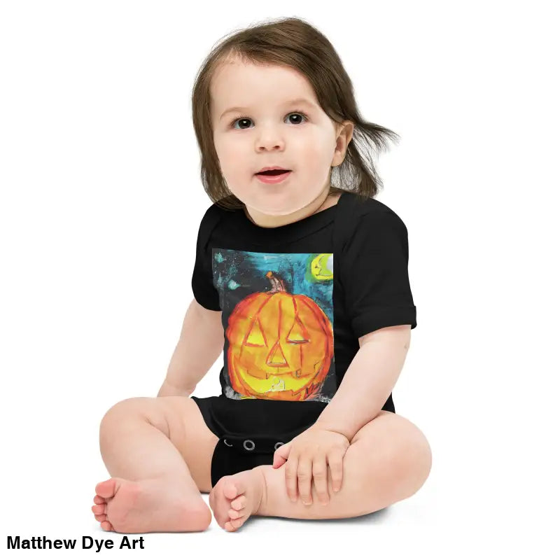 Adorable black Halloween-themed bodysuit for babies featuring a jack-o’-lantern design