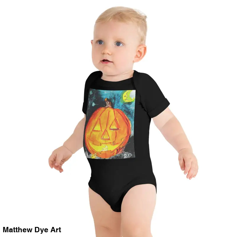 Black baby’s first Halloween onesie featuring an adorable jack-o’-lantern graphic