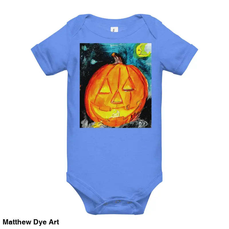 Adorable blue baby onesie with pumpkin graphic made of combed ring-spun cotton