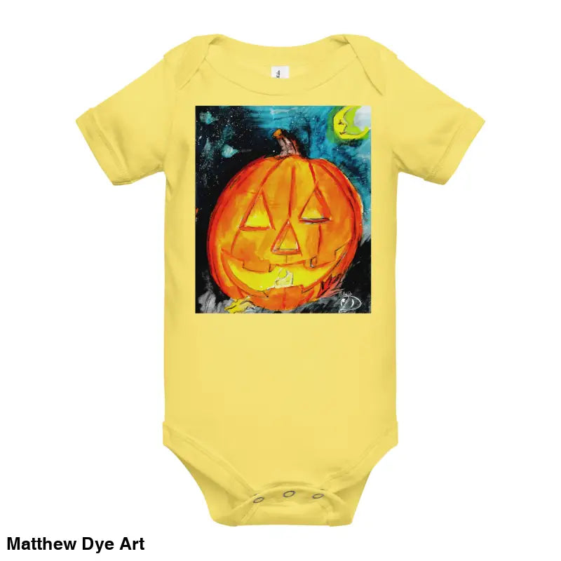 Yellow baby onesie made of combed ring-spun cotton featuring an adorable jack-o’-lantern graphic