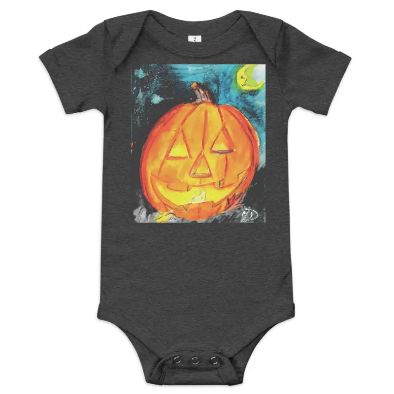 Gray baby onesie made of combed ring-spun cotton with an adorable jack-o’-lantern graphic