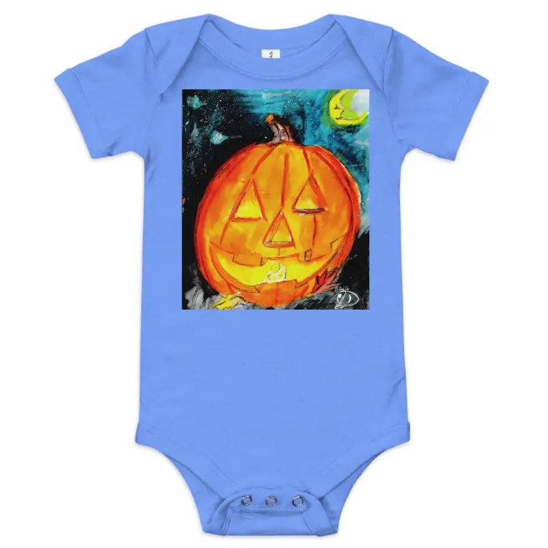 Blue baby onesie made of combed ring-spun cotton featuring an adorable jack-o’-lantern graphic