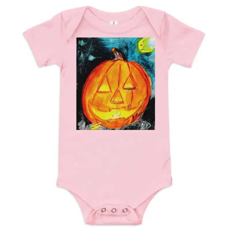 Pink baby’s first Halloween onesie with adorable jack-o’-lantern graphic in cotton