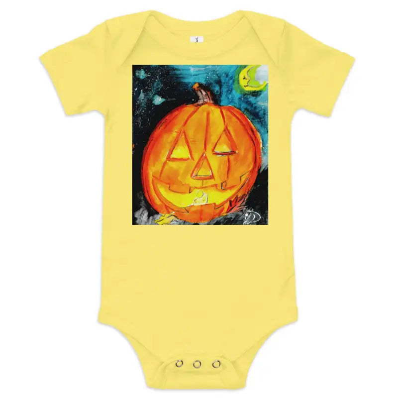 Yellow baby onesie with adorable jack-o’-lantern graphic made of combed ring-spun cotton