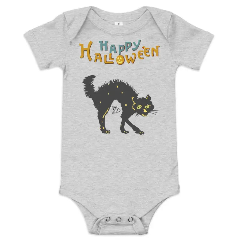 Gray baby onesie featuring Scary Cat Halloween design from Little Monster Chic