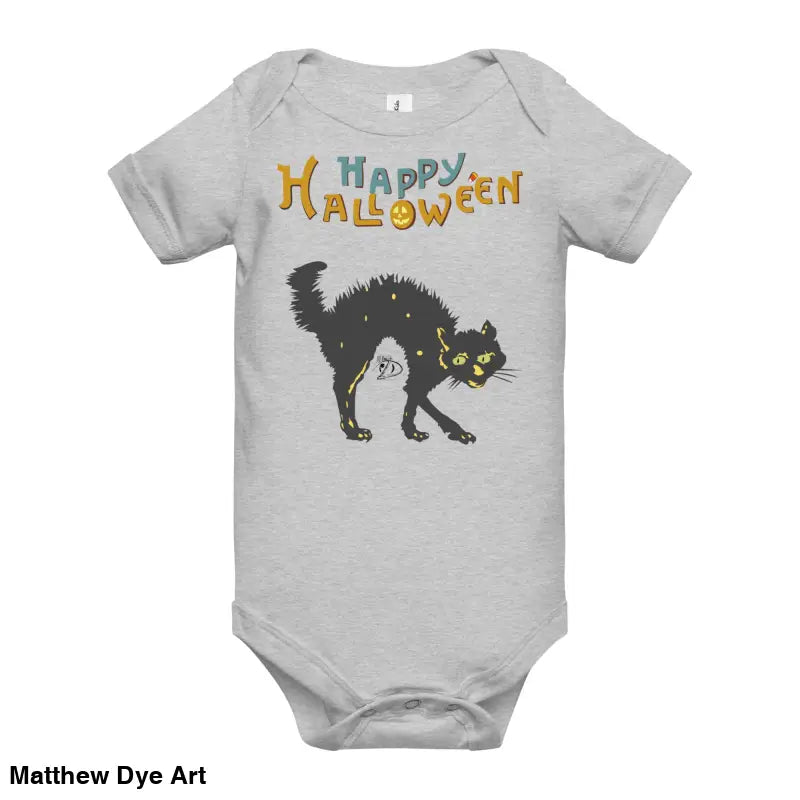 Gray baby onesie featuring Scary Cat Halloween design for enchanting spirit attire