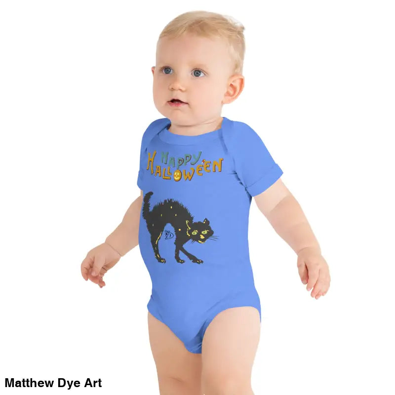 Blue baby bodysuit with Scary Cat Halloween design for Little Monster Chic collection