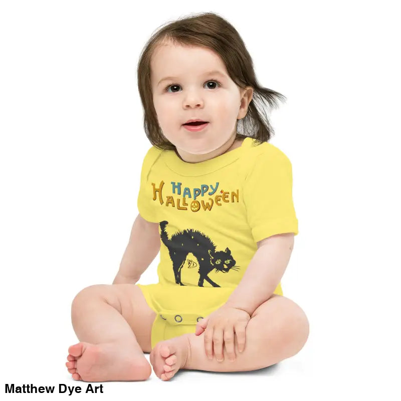 Yellow baby onesie featuring Scary Cat Halloween design for a festive, enchanting spirit