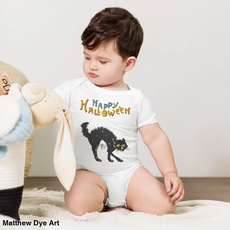 Baby Halloween onesie featuring a scary cat design, perfect for Halloween enchantment