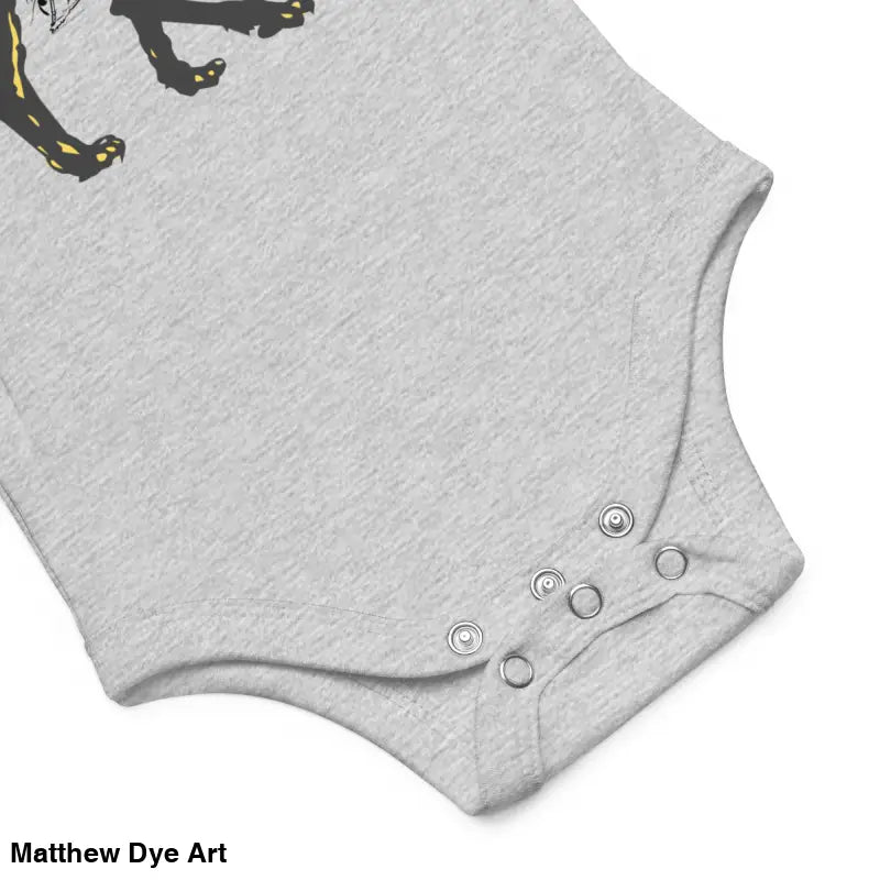 Gray baby onesie with snap closures featuring Scary Cat Halloween design