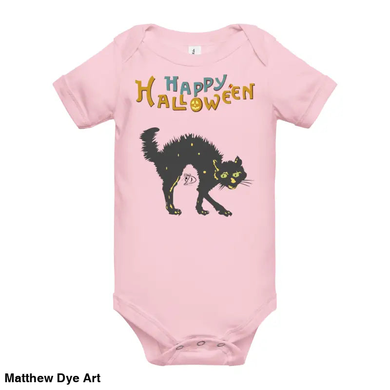 Pink baby onesie featuring Scary Cat Halloween design for enchanting spirit attire