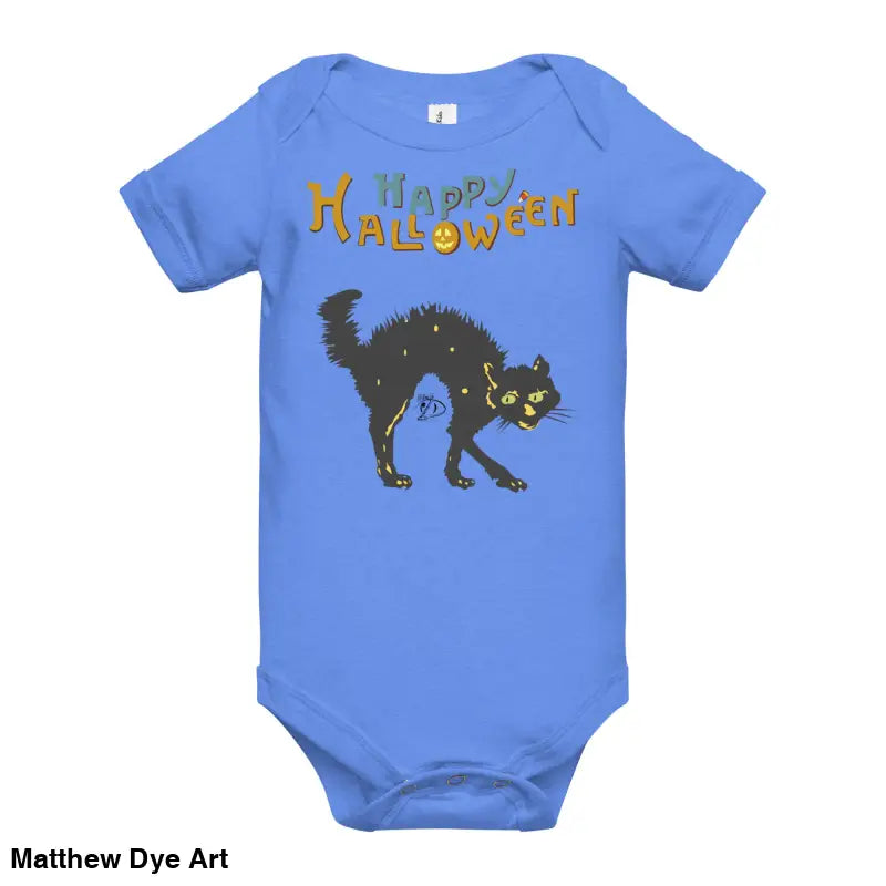 Blue baby onesie featuring Scary Cat Halloween design from Little Monster Chic