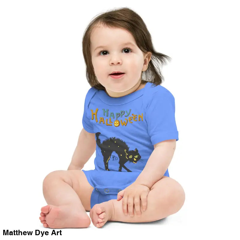 Baby in blue Halloween onesie featuring Scary Cat Halloween design for enchanting spirit