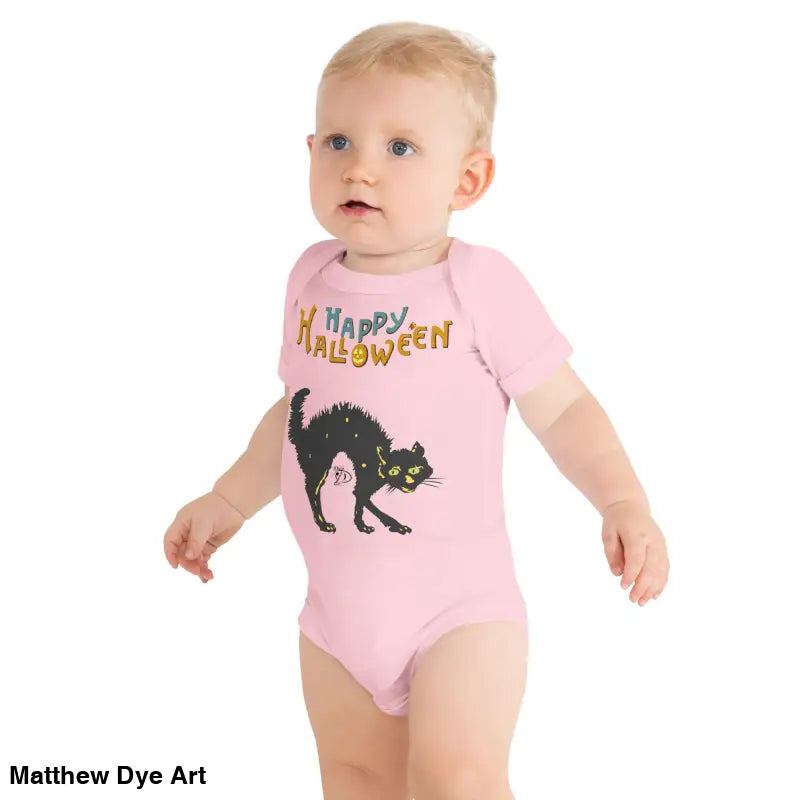 Pink baby bodysuit featuring Scary Cat Halloween design from Little Monster Chic