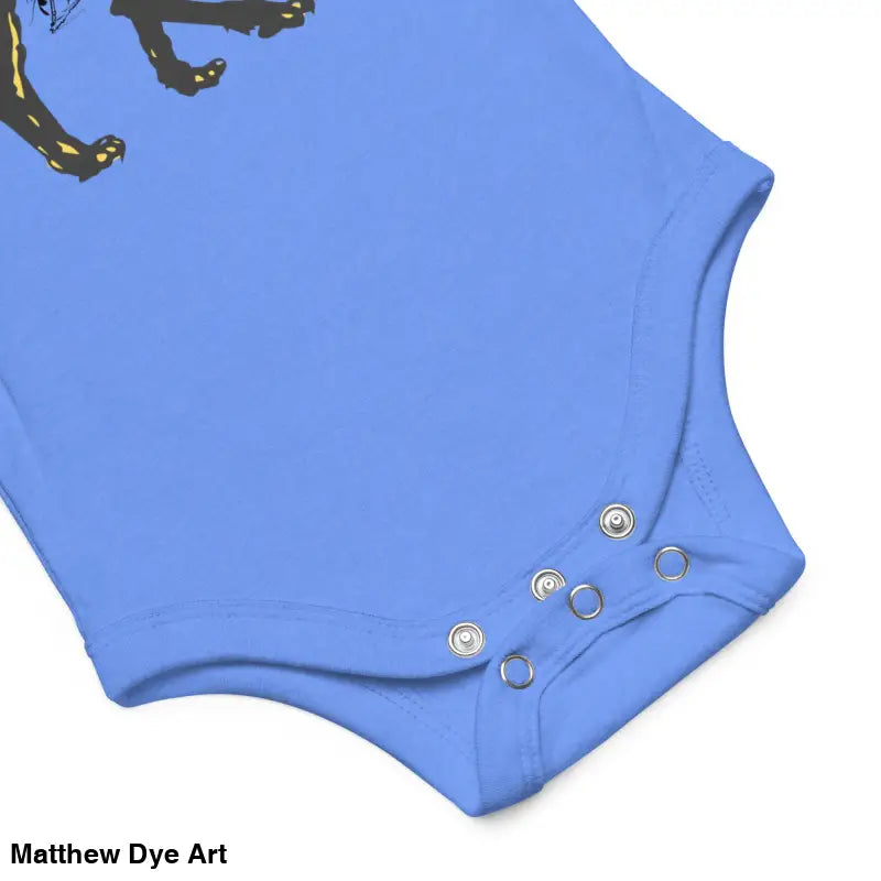 Blue baby bodysuit with snap closures featuring Scary Cat Halloween design
