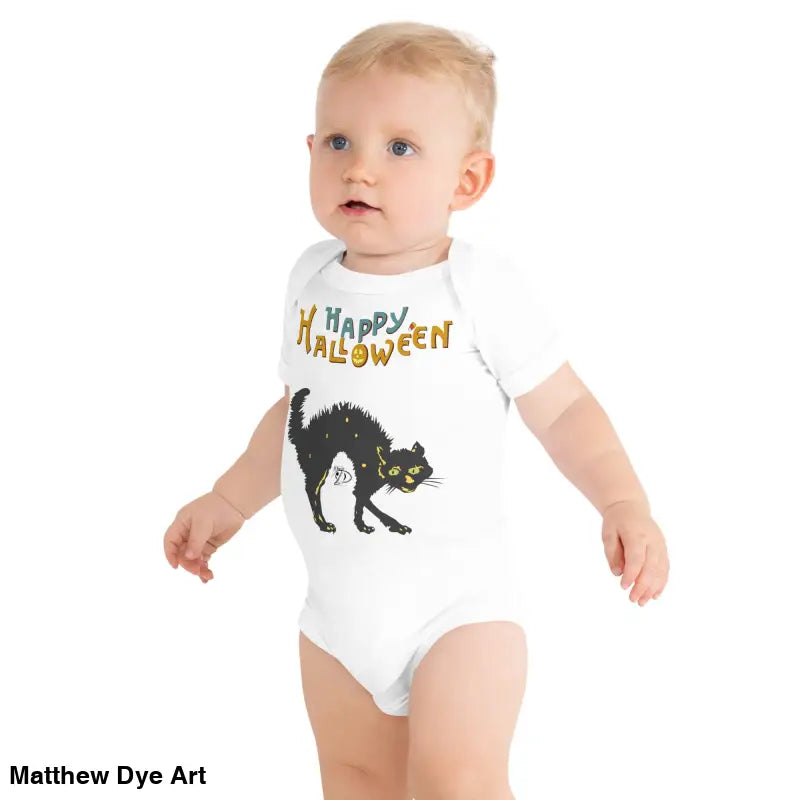 Baby in a Scary Cat Halloween onesie showcasing enchanting spirit and playful design