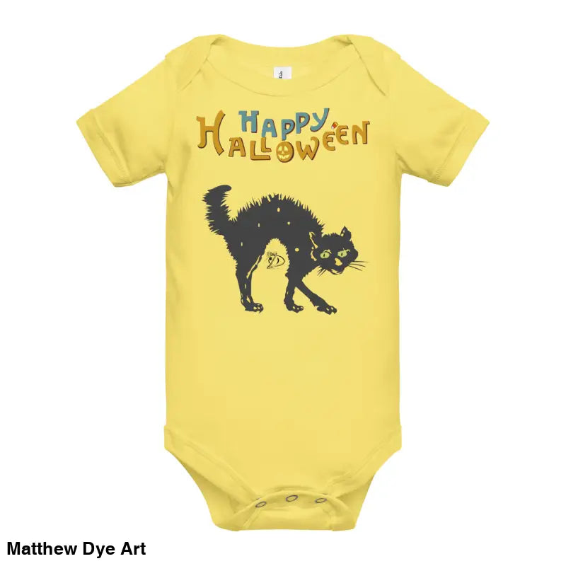 Yellow baby onesie featuring a Scary Cat Halloween graphic for enchanting spirit