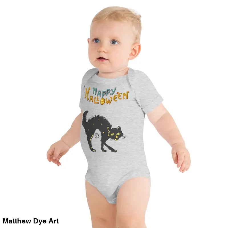 Baby’s gray Halloween-themed bodysuit featuring Scary Cat Halloween design