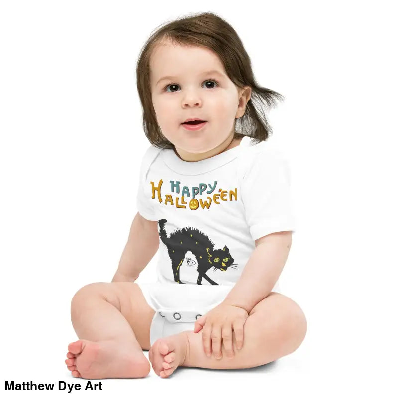 Baby wearing Scary Cat Halloween-themed onesie for enchanting spirit celebration
