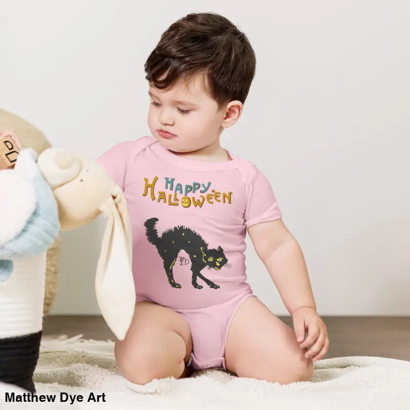 Pink baby bodysuit featuring Scary Cat Halloween graphic for enchanting spirit