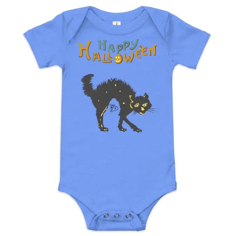 Blue baby onesie featuring Scary Cat Halloween design from Little Monster Chic