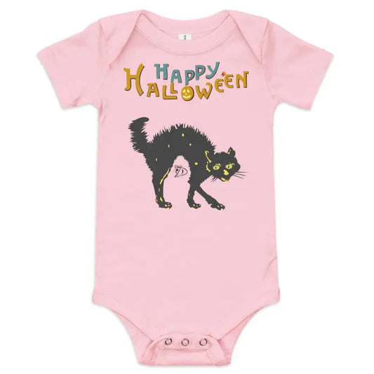 Pink baby onesie featuring a scary cat Halloween graphic for stylish little ones