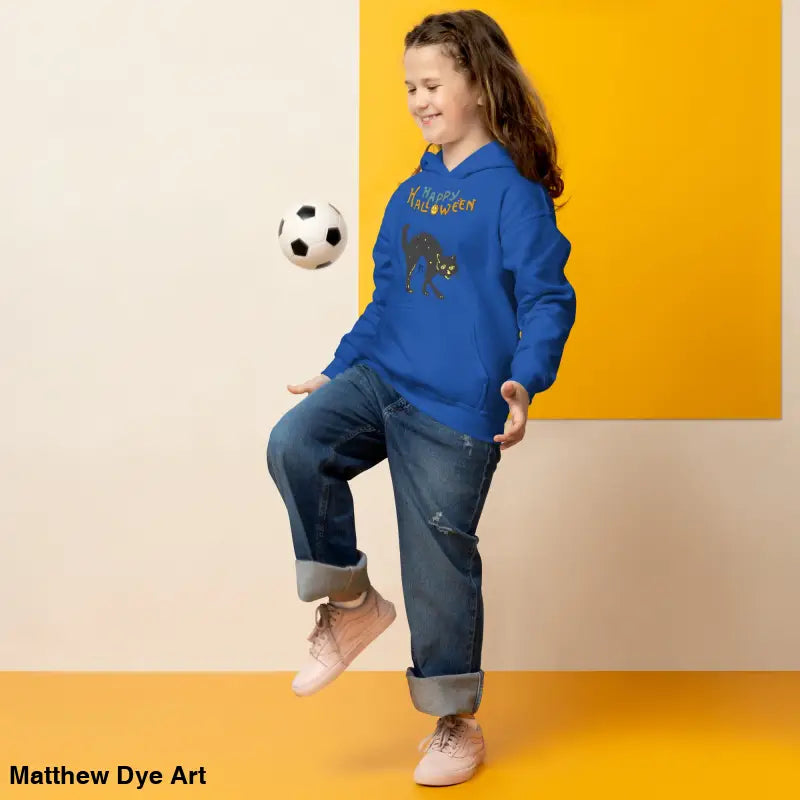 Royal blue Halloween charm hoodie for kids, perfect for spooky season adventures