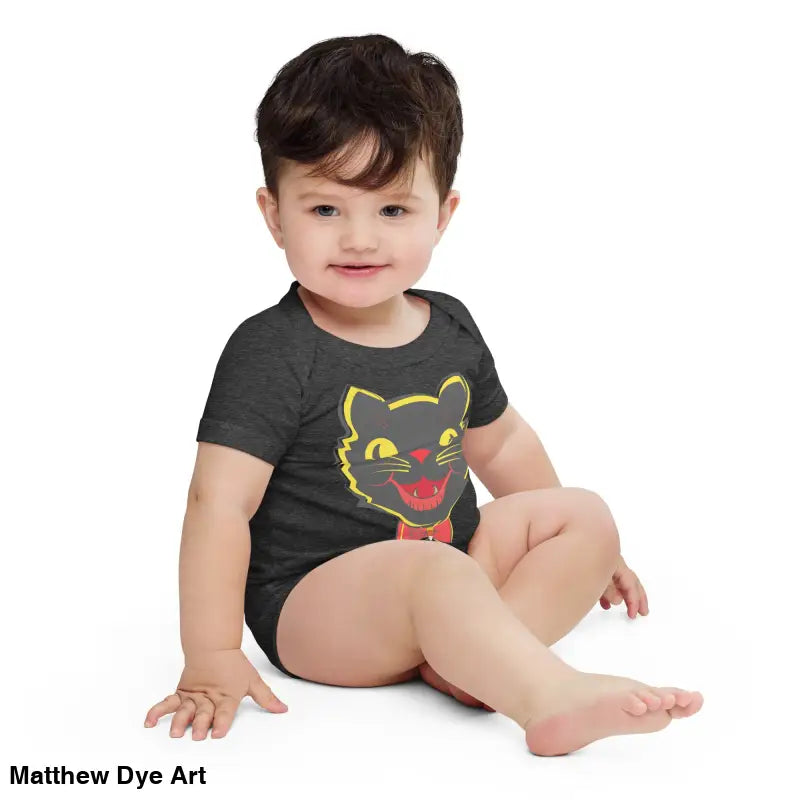 Baby in vintage black cat baby one-piece costume for Halloween festivities