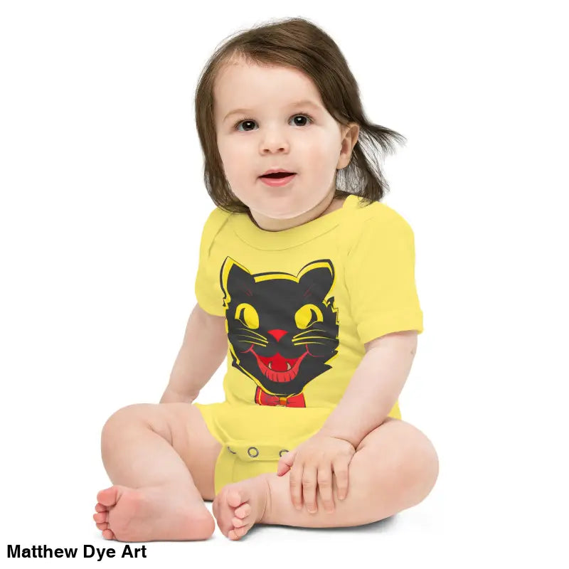 Baby in yellow onesie featuring vintage black cat graphic from Cat Baby One-Piece