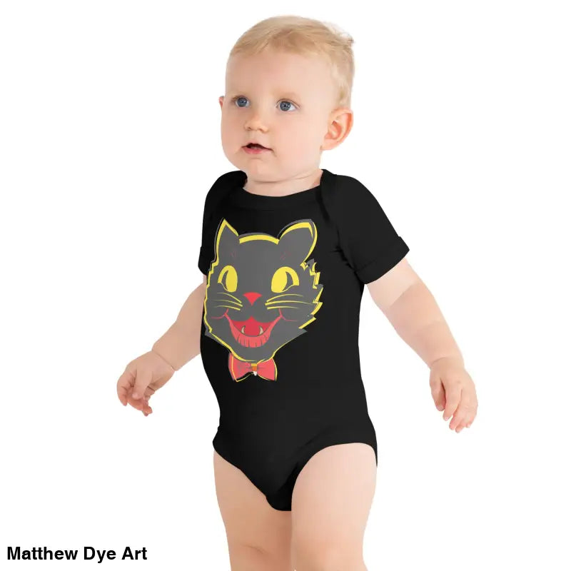 Baby in a vintage black cat onesie from the Little Pumpkin Cat Baby One-Piece collection