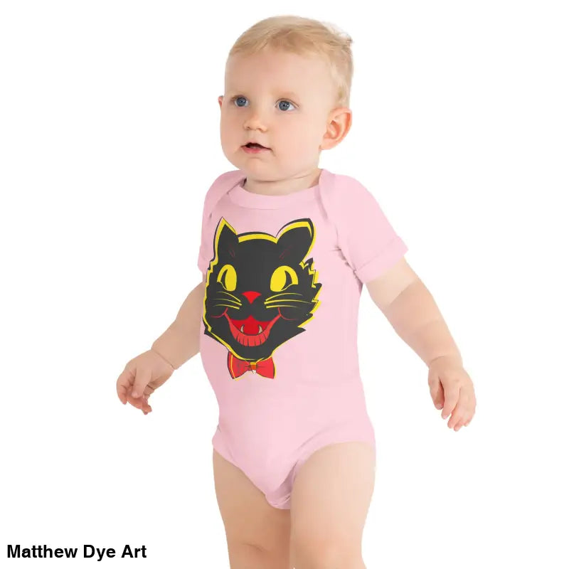 Baby in pink cat onesie from Little Pumpkin features a vintage black cat design