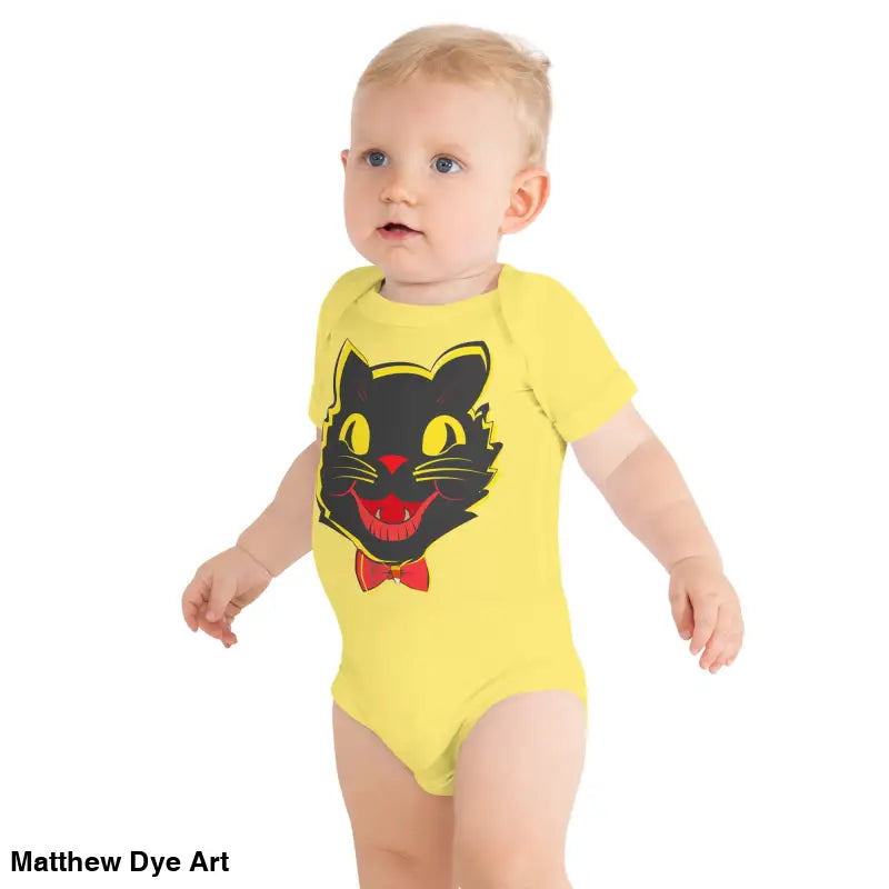 Yellow baby bodysuit featuring vintage black cat graphic from Little Pumpkin collection