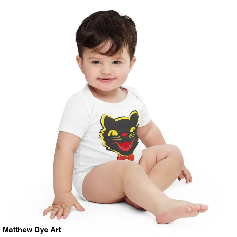 Baby in a black cat onesie featured in Little Pumpkin Vintage Halloween Cat Baby One-Piece