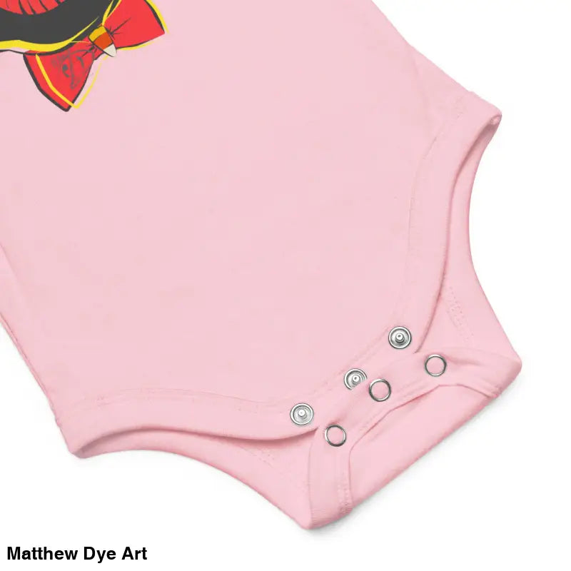 Pink baby bodysuit with snap closures featuring a vintage black cat design for infants